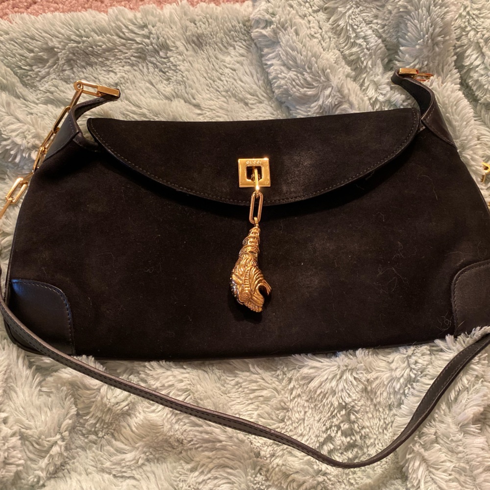 Gucci Tom Ford Black Suede LionHead Purse with Gold finishes - Beautiful links